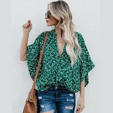 2019 New Fashion Woman Top Loose Long Batwing Sleeve Floral Print Long Women Tops Women's Shirts Boho Beach korean Clothes floral print batwing sleeve dip hem top