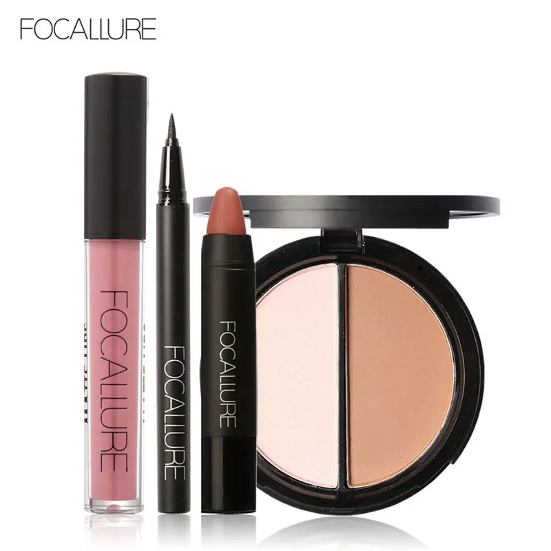 

FOCALLURE Black Eyeliner Pencil Matte Lip Gloss Face Bronzer Highlighter Palette New 4Pcs Easy Lip Makeup Sexy Matte Lip Sticker