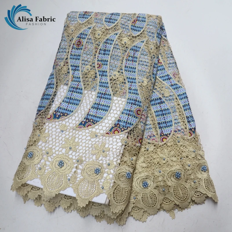 

Newest design African Ankara Wax Lace fabric Embroidery with Beads and Stones high quality African Water soluble lace For Sewing