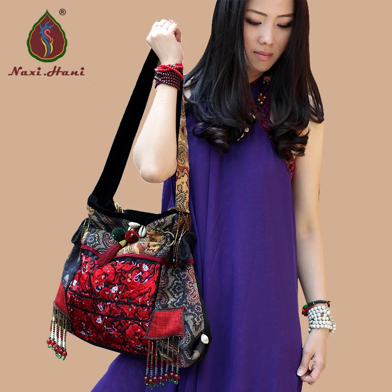 Naxi.Hani brand design handmade beaded pompon canvas women handbags Bohemia Embroidered tassel Shoulder bags