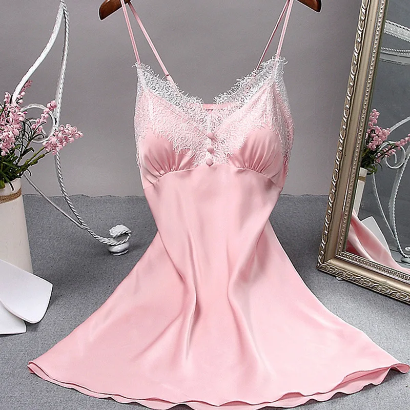 

2019 Night Dress For Summer Spring And Autumn Simulation Silk Pink Color Nightdress Women's Princess Style Sexy Sleepwear