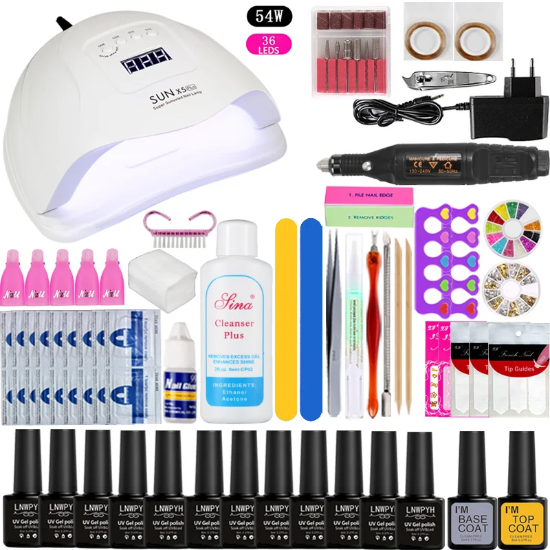 

12 Colors Gel Manicure Set Choose Polish Base Top Coat Nail set Electric Manicure Handle Nail Art Tool 36w/48w/54w Uv Led Lamp