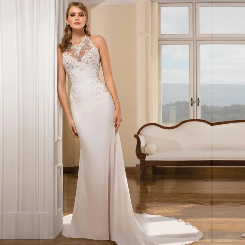 

Chiffon Wedding Dress 2019 Lace Appliques Bridal Gown Custom Made Halter Vestido de Noiva Bride Dresses Free Shipping