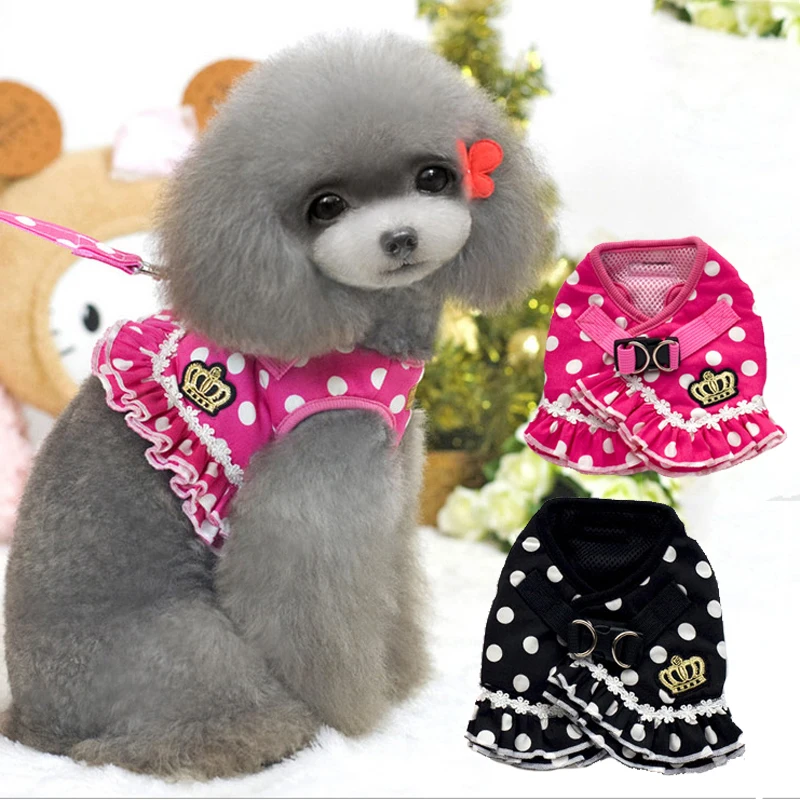 Cute Princes Dots Dog Chest Clothes Harness Vests With Leash Crown