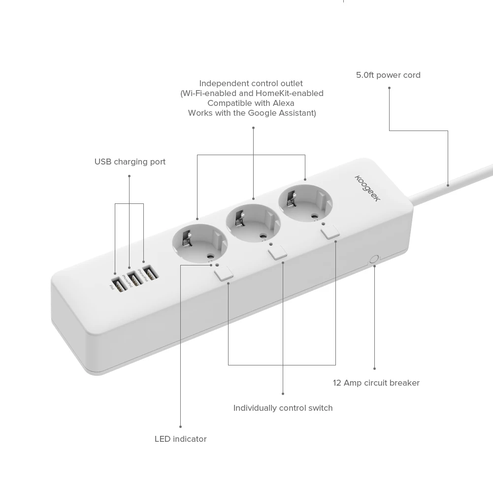 Koogeek Wi-Fi USB разъем питания удлинитель с индивидуальным переключателем ЕС вилка розетка сетевой полосы смарт-зарядное устройство для Apple Homekit