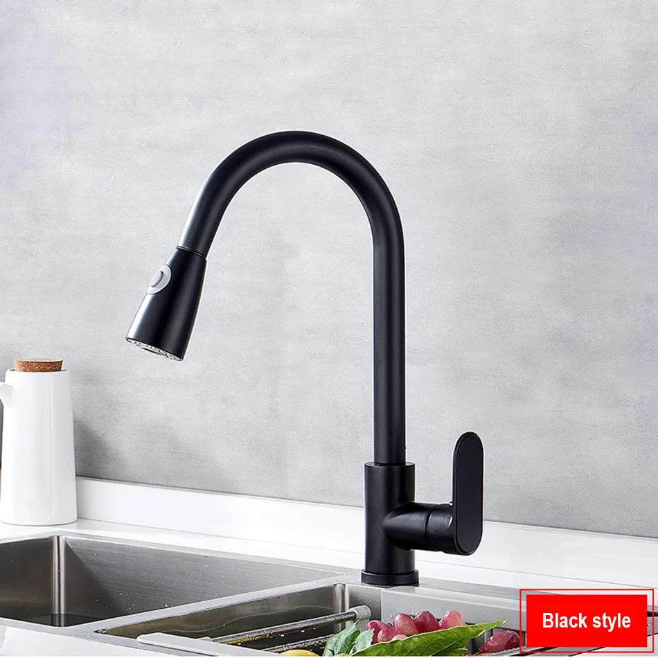 Black Kitchen Faucet 360 Degree Swivel Water Tap Pull Out Faucet For Kitchen Sink Hot Cold Kitchen Mixer Single Handle Hole white kitchen sink Kitchen Fixtures