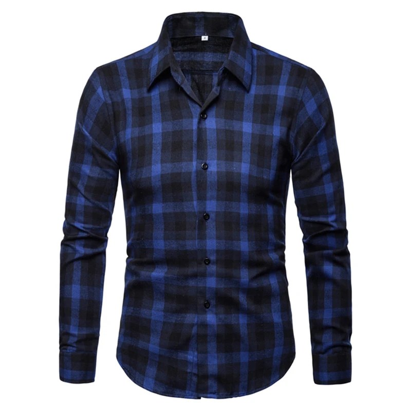Plaid Shirt Men Smart Casual Shirts Mens Long Sleeve Slim Fit Shirts Cotton 2019 Spring Fashion Mens Tops Plaid Navy HD056