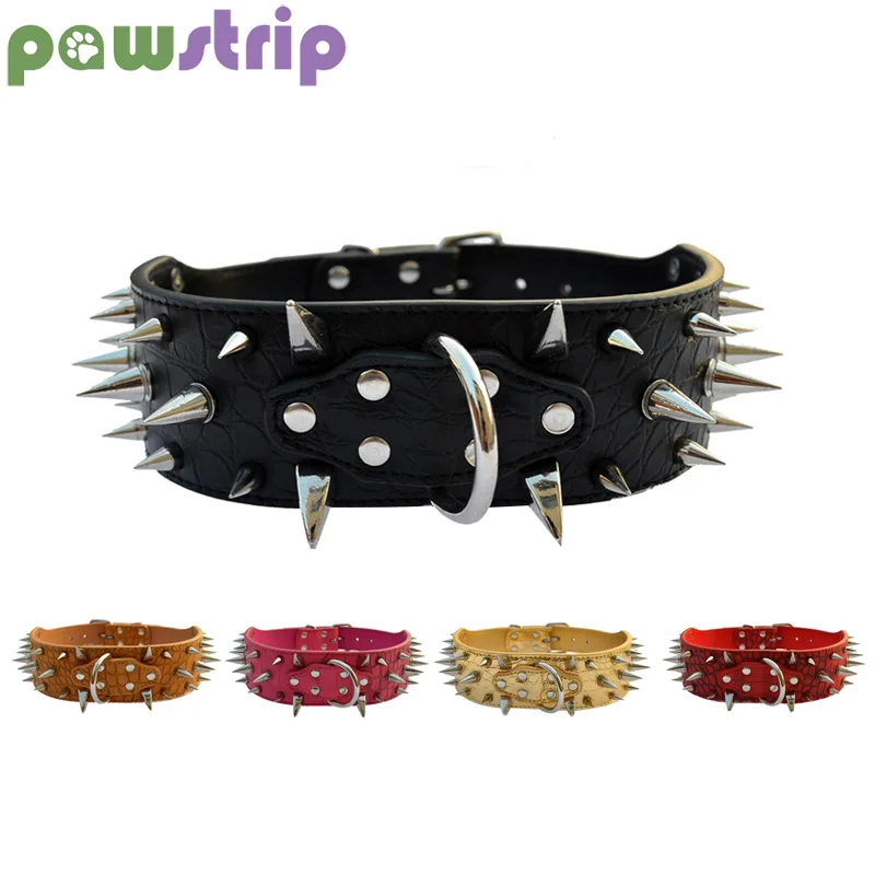 

pawstrip 4 Colors PU Leather Large Medium Dog Collar Alligator Pattern Pet Dog Collars Puppy Collar Spike Nails For Husky L-XXL