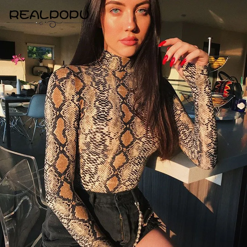 

Realpopu snake skin Turtleneck Long Sleeve Bodysuit Sexy Bodycon Fashion Romper Womens Jumpsuit Overall Knitted Combinaison