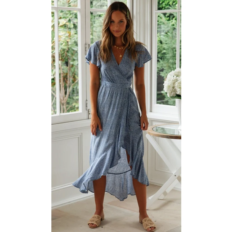 Женское длинное платье в горошек Boho Повседневное с коротким рукавом и v образным