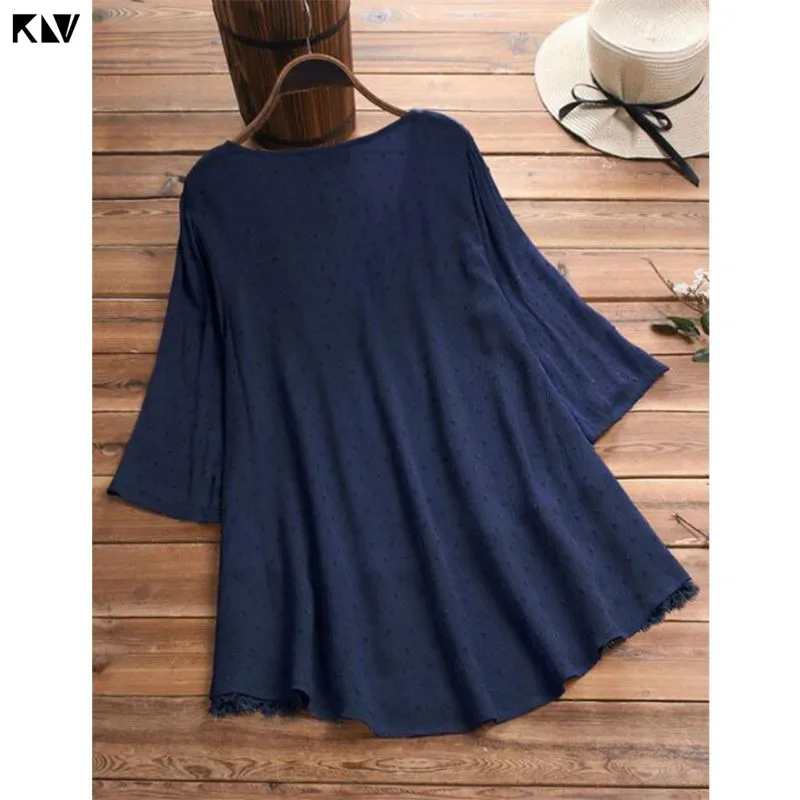 KLV Женская винтажная рубашка с v-образным вырезом три четверти с кружевным подолом размера плюс блузка