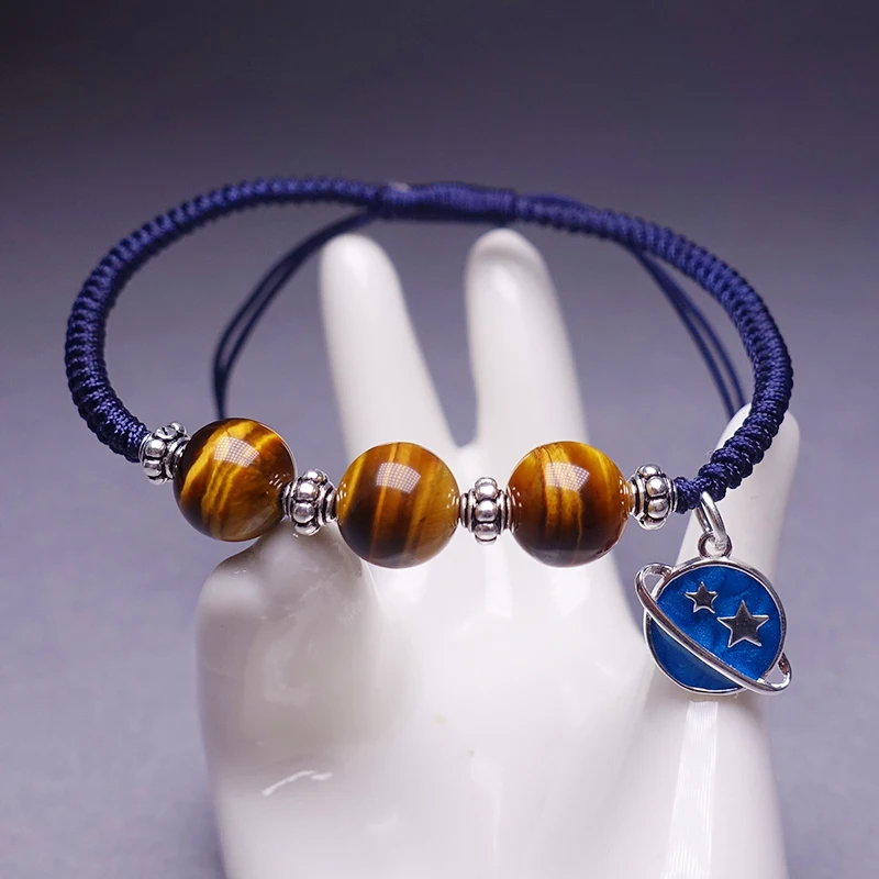 

Natural Tiger eye Bracelet Charm Bangle Fashion Handmade Friendship 925 Sterling Silver Star Macrame Jewelry
