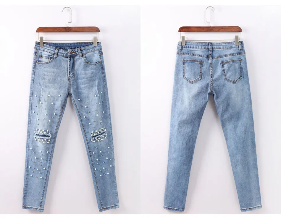 Рваные джинсы для женщин, обтягивающие рваные женские джинсы с бусинами, обтягивающие джинсы длиной до щиколотки, джинсовые брюки Pantalon Femme, джинсы