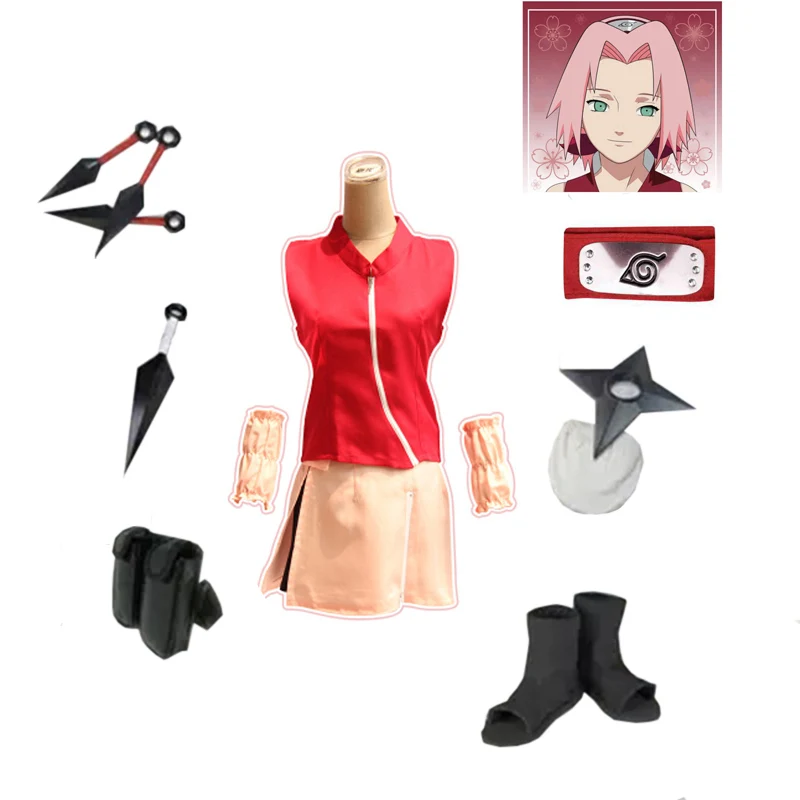 

Anime Naruto womens Konoha Haruno Sakura Ninja Cosplay Costume Wig Full Set (dress(top+skirt)+Headband+Shoes+Kunai+bag+shuriken)