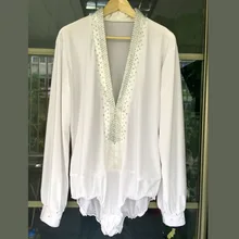 Новые стильные мужские туфли для латинских танцев костюмы Длинные рукава со стразами туфли для латинских танцев, топ для мужские конкурс латиноамериканских танцев рубашки S-3XL