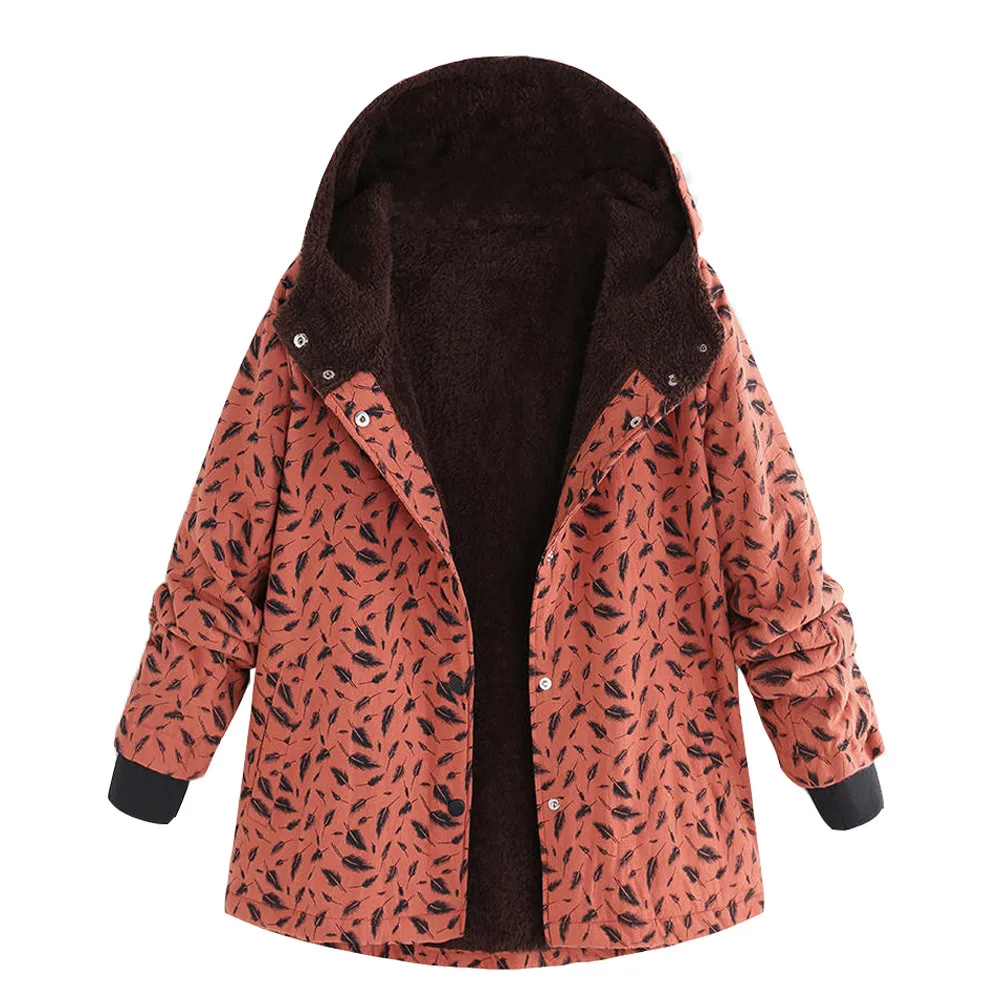 

Feitong Womens Winter Coat 2019 Warm Outwear Parkas Leaf Print Hooded Pockets Vintage Oversize Coats manteau femme hiver#25