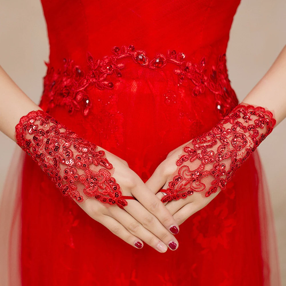

1 Pair Fingerless Wrist Short Party Gloves Elegant EveningAccessories Arm RhinestoneLace