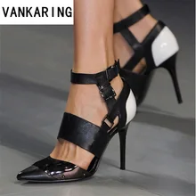women sandals high heel fashion mixed color sexy pointed toe ankle strap gladiator sandals female wedding party ladies stiletto high quality women fashion strappy patent leather gladiator sandals cut out ankle strap high heel sandals free shipping