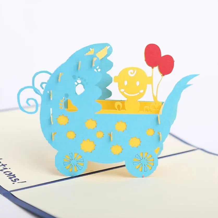  10pcs 3D Creative Baby stroller Handmade Kirigami Origami Wedding Party Baby Shower Invitation Card - 32817498787