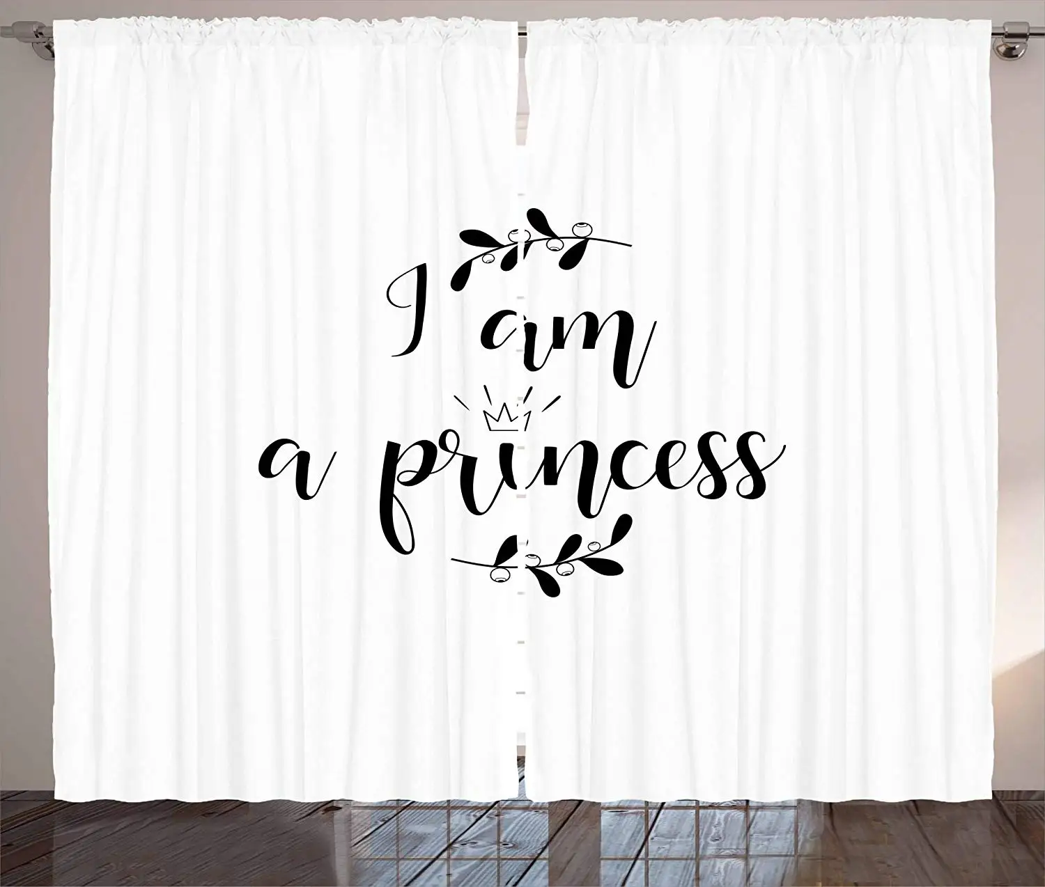 I am a Princess Curtains Monochrome Hand Writing Style Quote with Olive Branch Good Life Theme Living Room Bedroom Window Drap | Дом и сад