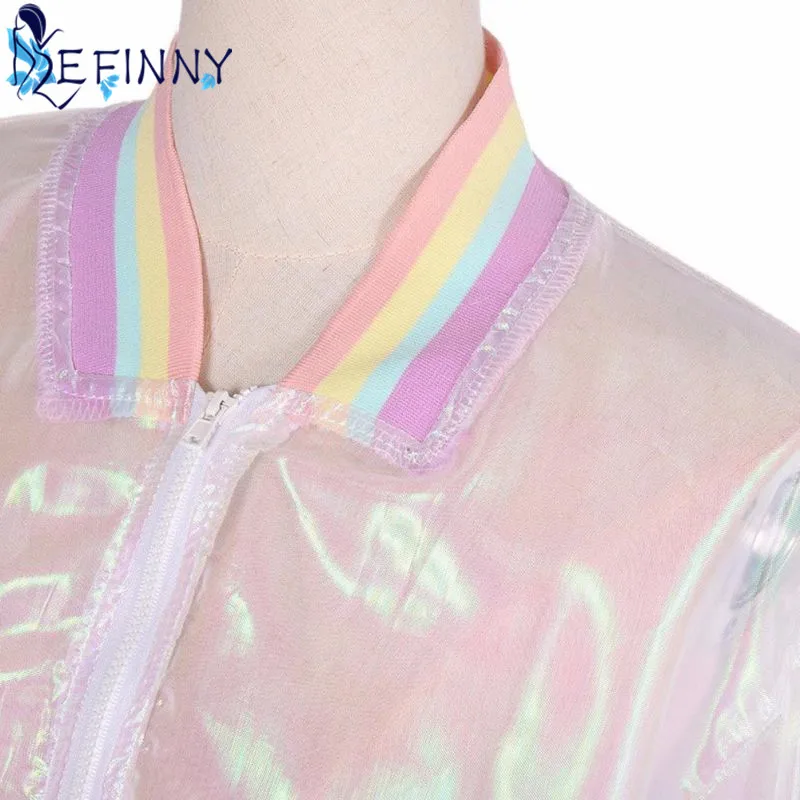 2018 Women Jacket Sunscreen Laser Rainbow Symphony Hologram Light Girl Coat Iridescent Transparent Bomber Jacket Sunproof 2018 Women Jacket Sunscreen Laser Rainbow Symphony Hologram Light Girl Coat Iridescent Transparent Bomber Jacket Sunproof