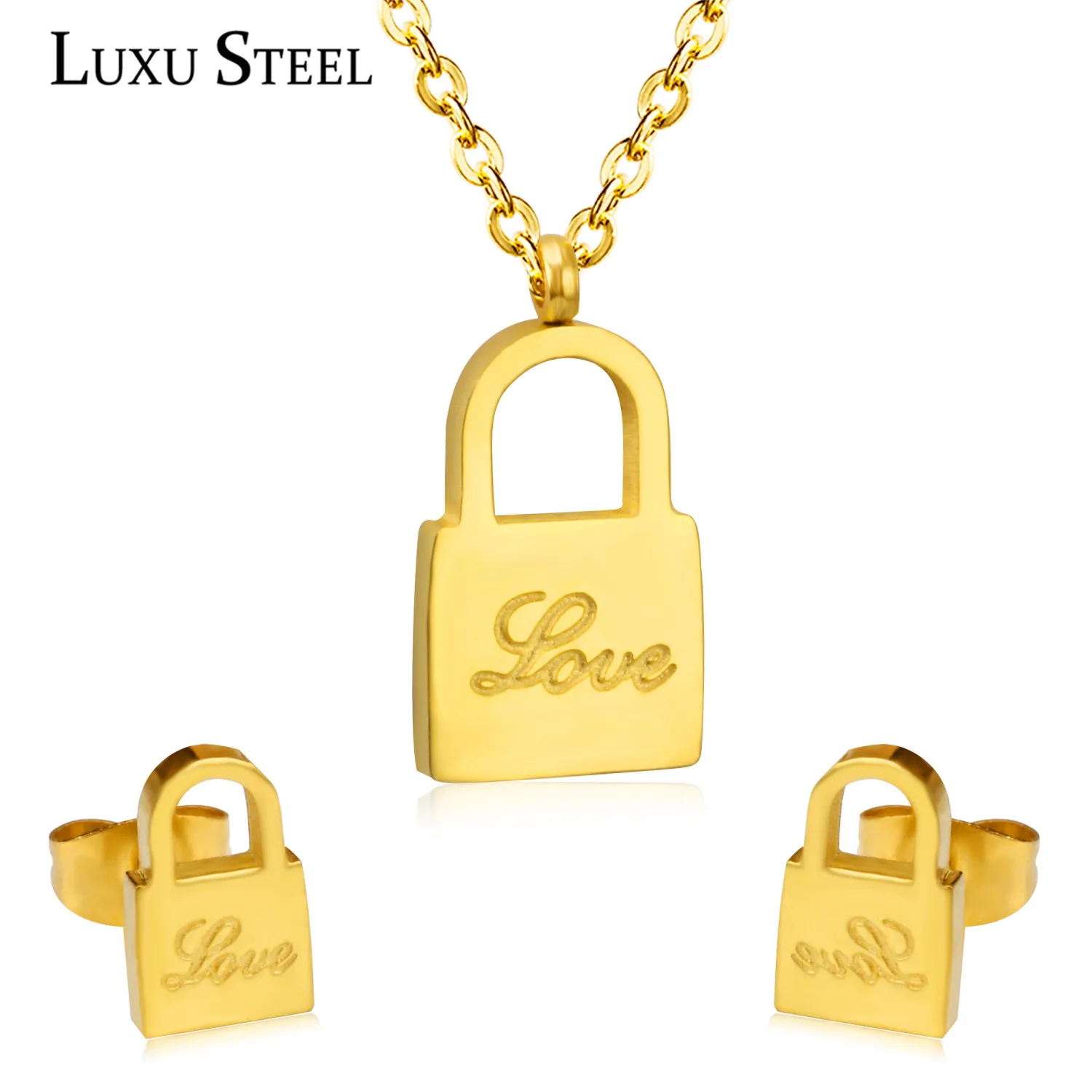 

LUXUSTEEL Fashion Necklace Earring Sets For Lover's Jewelry Gift Cute Style Lock Shape With Carving Love Letter Necklace