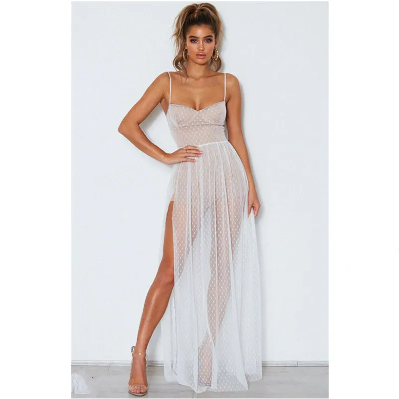 

2019 Fashion Women Sexy High Split Sleeveless Boho Mesh Summer Dress Ladies Perspective Evening Party Beach Maxi Polka Dot Dress