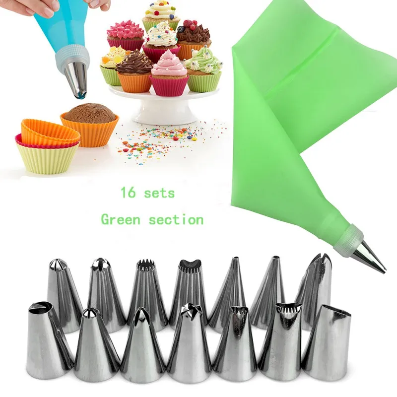 

16 Pcs/Set Silicone Icing Piping Cream Pastry Bag+Stainless Steel Nozzle Pastry Tips Sets DIY Cake Decorating Tools