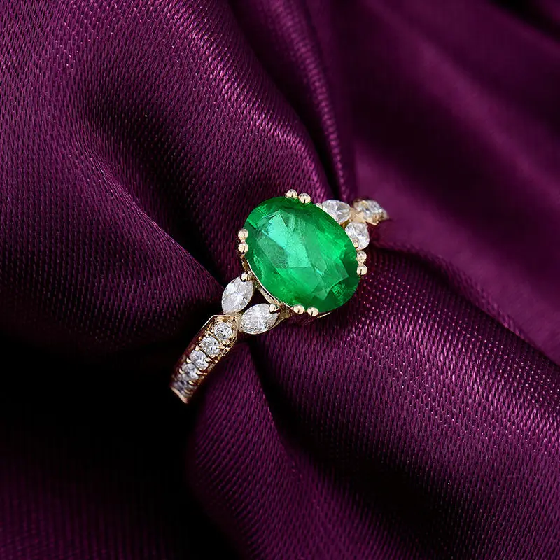 Овальный 7x9 мм сплошной натуральный бриллиантами Зеленый Изумруд Свадебные 14k желтое золото кольца дизайн ювелирных изделий для подруги SR174