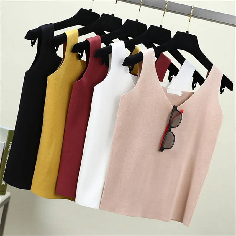 2018 Spring Autumn Sexy Crop V Neck Knitted Tank Women