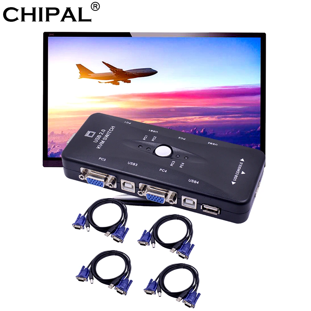 

CHIPAL 4 Port USB 2.0 KVM Switch Switcher 1920*1440 VGA SVGA Splitter Adapter + 4pcs Cables for Keyboard Mouse Monitor Printer