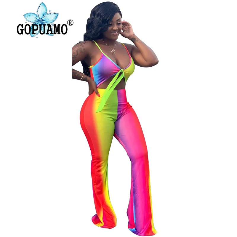 

Rainbow Tie Dye Rompers Womens Jumpsuit Sexy Spaghetti Strap Backless Bodycon Bodysuit Summer V Neck Sleeveless Cut Out Overalls