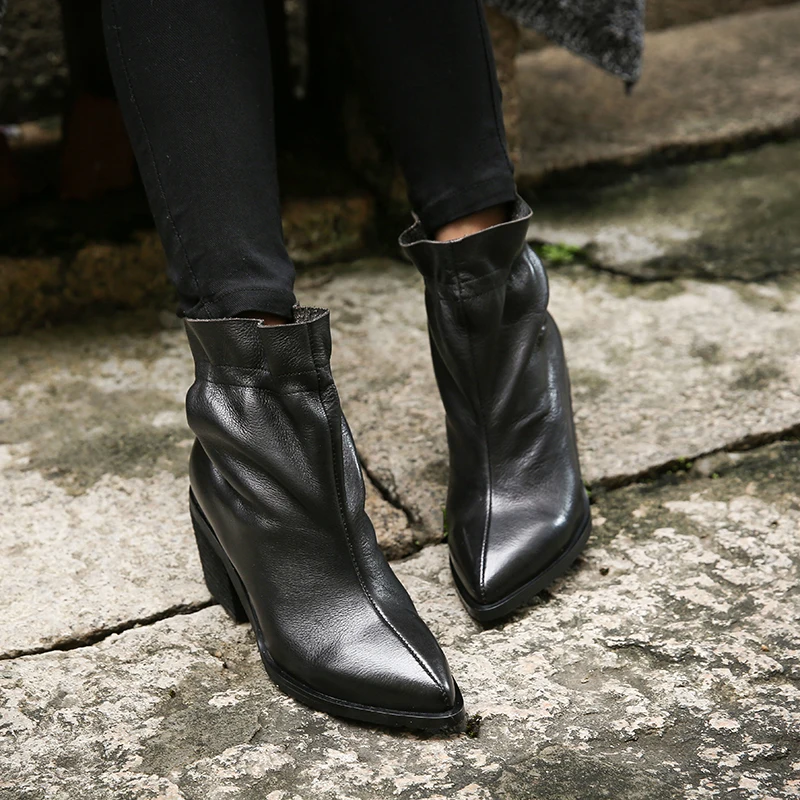 Leather Pointed Toe Booties For Women European Fashion ...