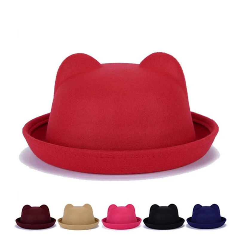 

Fashion pop girls fedora hat Dome Kitten ears cap Children dress hats Kids caps felt hats wool felting Bowler hat bonnet enfant