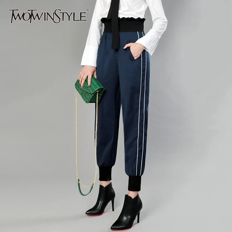 TWOTWINSTYLE Ruffles Pants For Women Elastic High Waist Side Stripe Split Long Harem Trousers 2019 Spring Fashion Casual Clothes | Женская