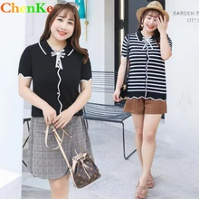 ChenKe/Новая летняя женская футболка с милым отворотом и галстуком-бабочкой, волнистые боковые манжеты, черно-белые полоски, свитер для женщин, большие размеры 4XL