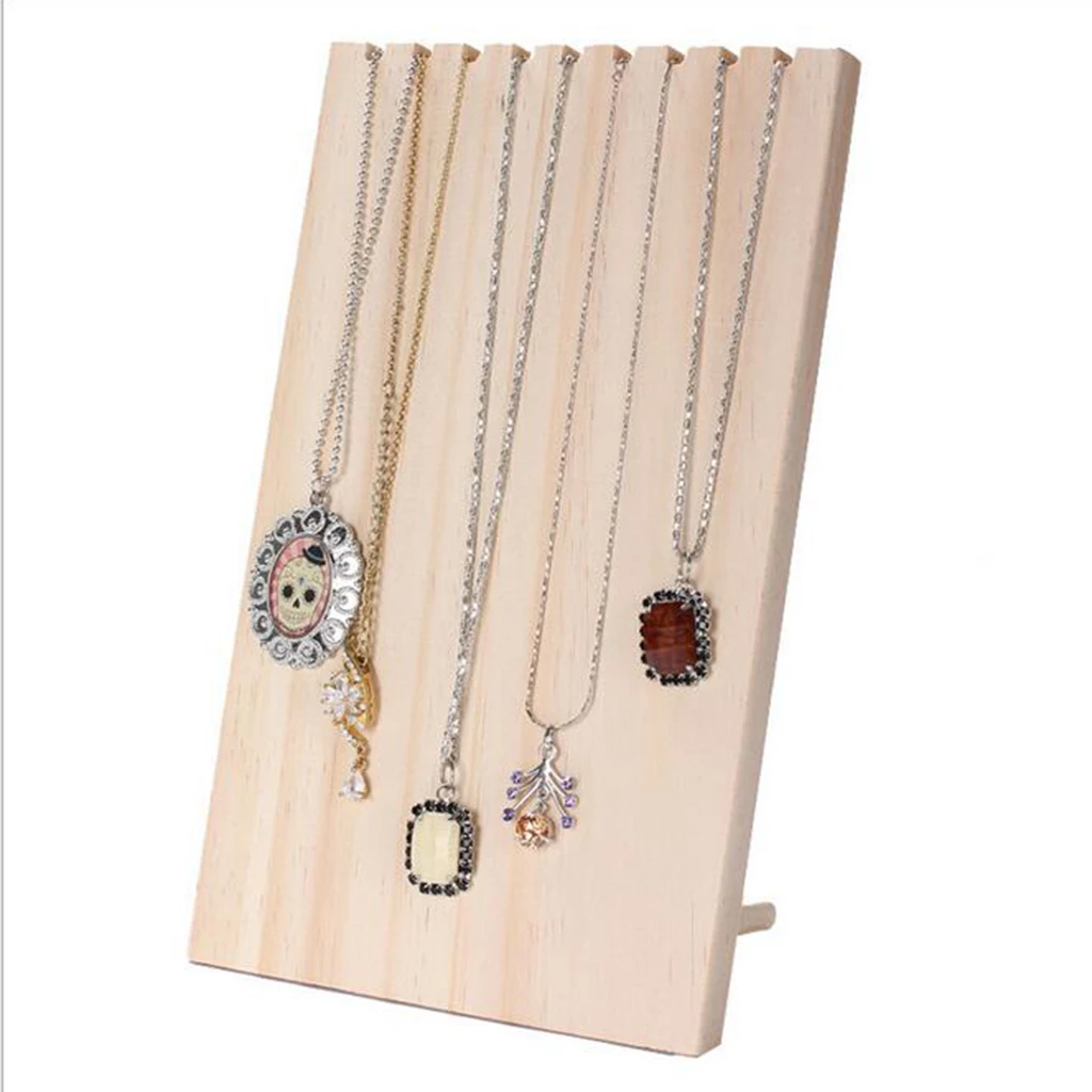  Retro Wood Necklace Display Stand Wooden Jewelry Organizer Shows Retail Shelf 9 Hooks 24.5 x 15cm
