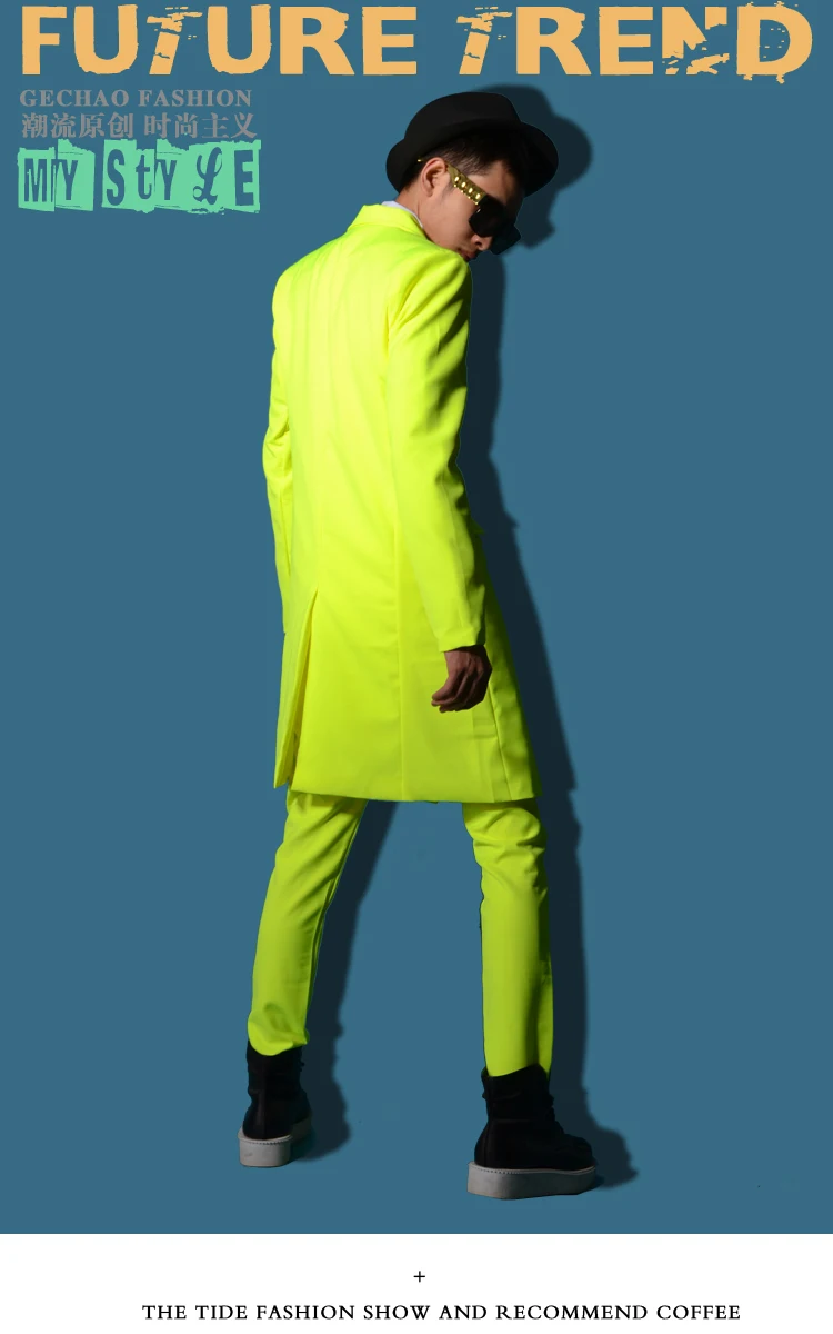 Мужской приталенный модный Блейзер большого размера, мужской певец, неоновый, лимонный, желтый, флуоресцентный зеленый костюм, костюм, топ, официальное мужское платье