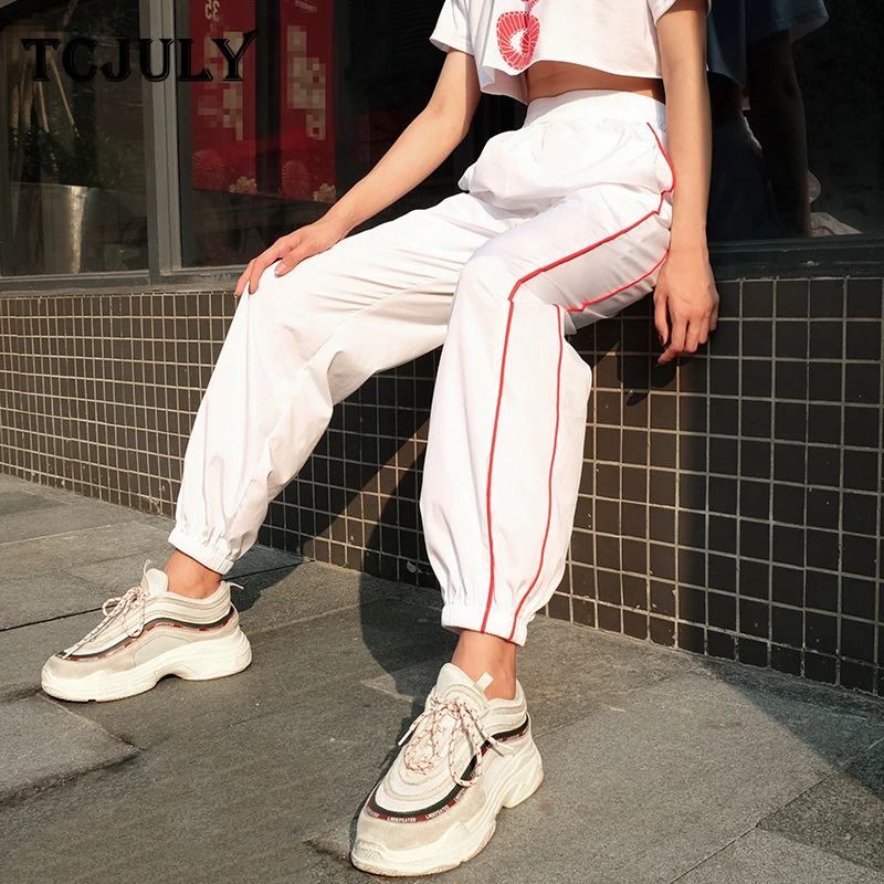 

TCJULY 2019 New Knitted White Harem Pants For Women Summer High Waist Loose Casual Trousers With Stripes Ankle Banded Long Pants