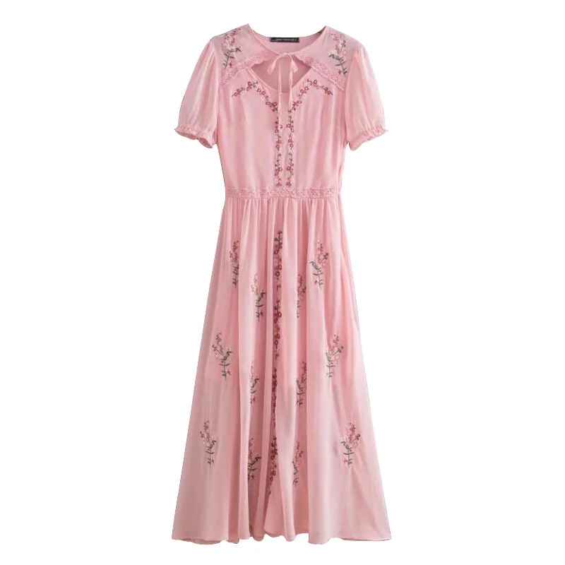 

PERHAPS U pink v neck lace up floral flower embroidery short sleeve chiffon midi dress elegant D0666