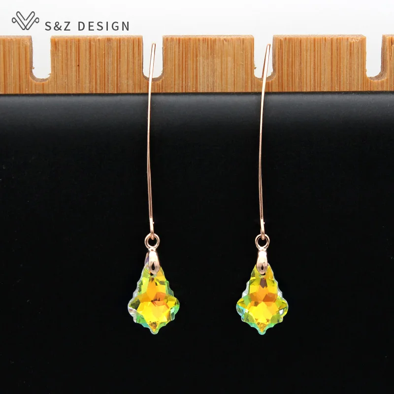 S&Z DESIGN New 585 Rose Gold Color Long Colorful Water Drop Crystal Dangle Earrings For Women Wedding Fashion Party Gift
