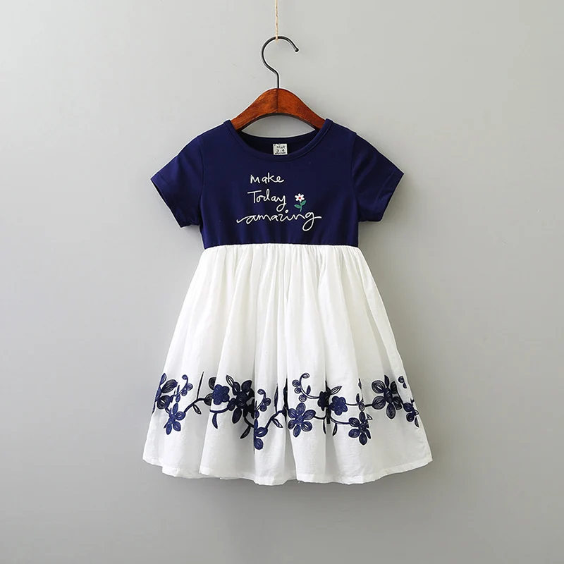 

Summer 2019 Casual Cotton Girls Dress Patchwork Chiffon Girl Printing Dresses O-neck Embroidery Short Sleeve Children Clothes