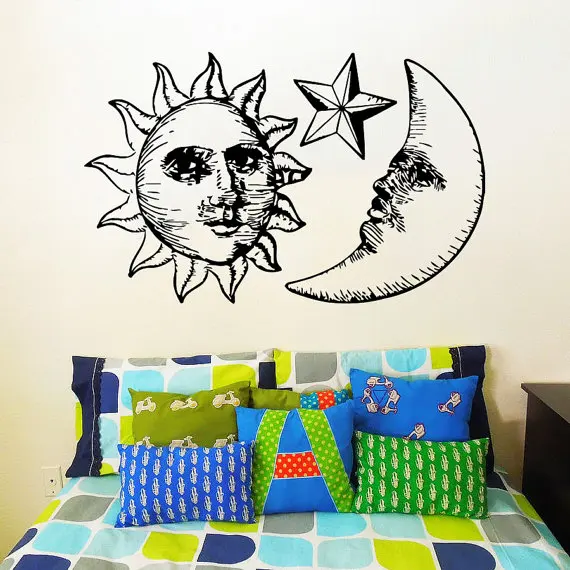 

Newest Sun Moon Double With Stars Creative Wall Mural Sunshine And Night Symbol Stars Fashion Style Home Decor Mural D-206