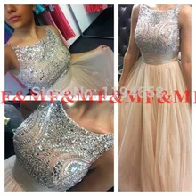 Elegante Sleeveless Wulstige Top Formale Abend-kleid 2016 Neue Ankunft Champagner Tüll Ballkleider F & M1180