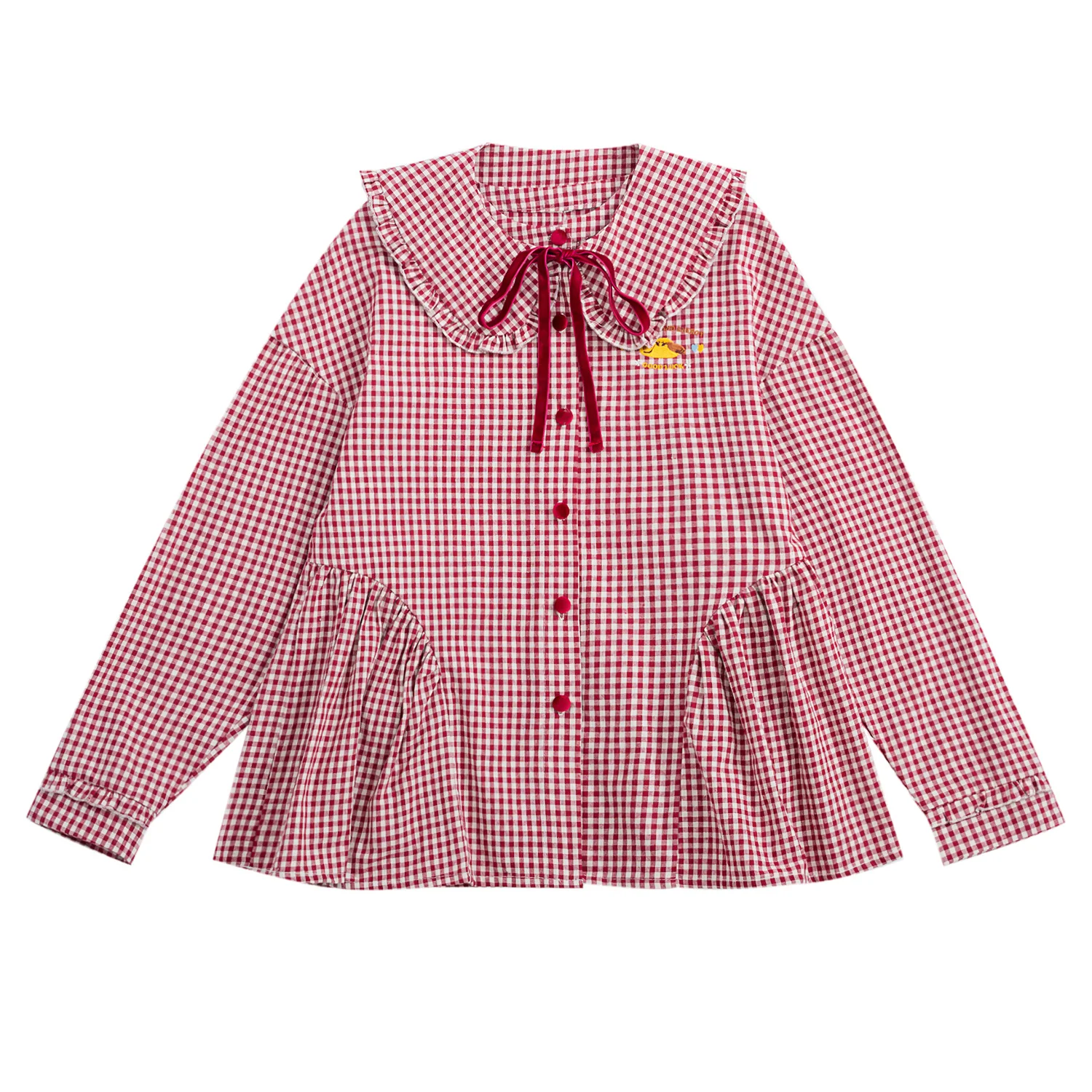Spring New Women Blouses Lolita Sweet Plaid Printed Bow Tie Peter Pan Collar Long Sleeve Ladies Shirt Top Preppy Style |