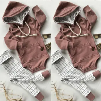 

Toddler Baby Kids Boys Girls clothes Hooded romper +plaid Pants 2Pcs Outfits Set Clothes
