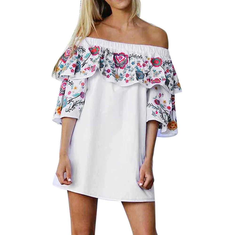 

Elegant Ladies Summer Half Sleeve Off Shoulder Mini Dress Women Boho Floral Printed Ruffles Casual Loose Beach Party Dresses #YL