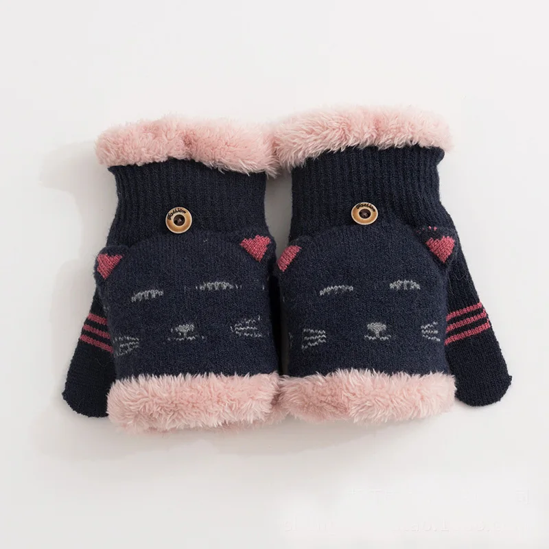 Митенки детские вязаные перчатки для девочек Утепленные зимние Мультяшные теплые варежки для плюс бархатные тянущиеся Теплые Перчатки для фитнеса - Цвет: Navy
