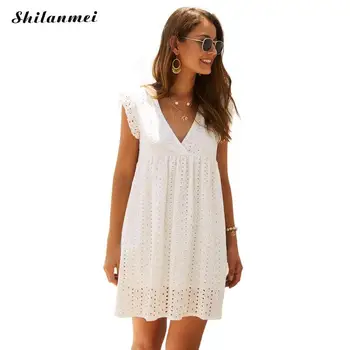 

New 2019 bikini cover up solid hollow Beach Dress Women Ladies Dresses Ruffle Sleeve Sundress Deep V Neck Cute Robe Beach sarong