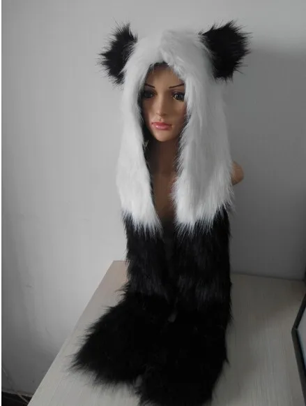 Новая модная шапка с искусственным мехом животных с длинным шарфом шапка с мехом волка с лапками шапка зимняя шапка с рисунком из